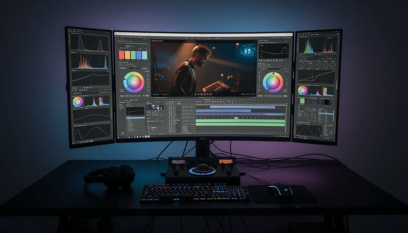 Une suite de montage vidéo professionnelle est présentée, avec plusieurs écrans affichant un logiciel de correction des couleurs. Cet espace est conçu pour les vidéastes professionnels qui travaillent sur des projets audiovisuels de qualité.