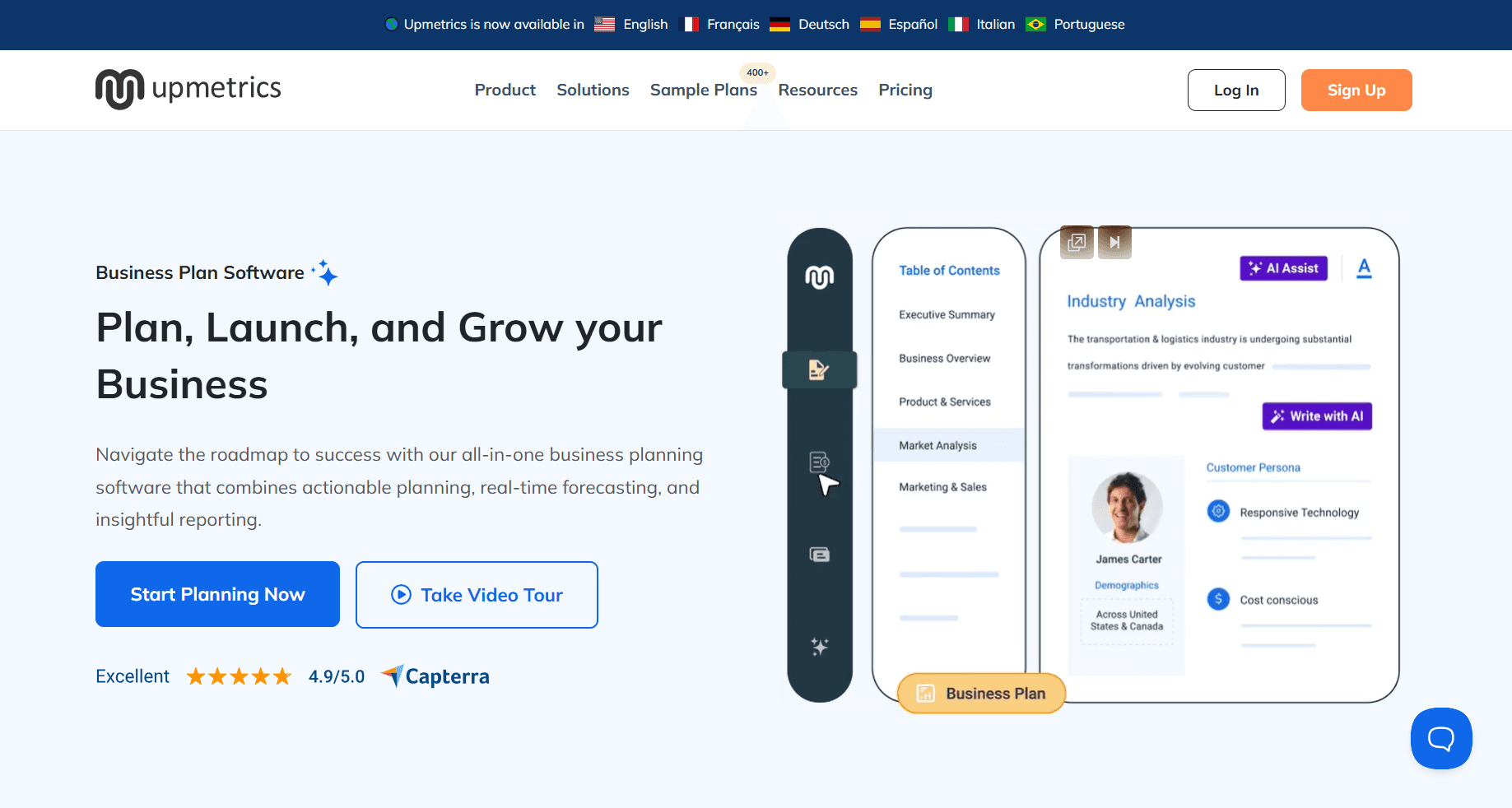 Homepage screenshot of Upmetrics featuring the headline “Plan, Launch, and Grow your Business,” with business planning software tools, review badges, and call-to-action buttons.
