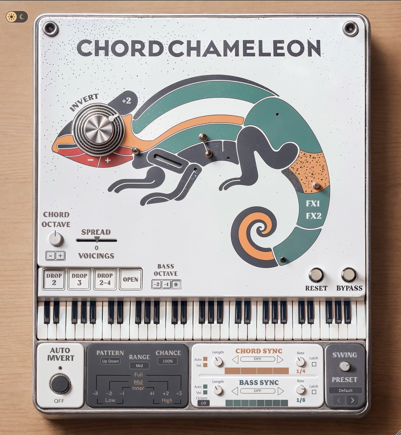 The complete Chord Chameleon interface in its light theme: the Invert knob set in the chameleon’s eye, voicing buttons, keyboard, Auto Invert, Chord Sync and Bass Sync rows, and the Swing and Preset controls.