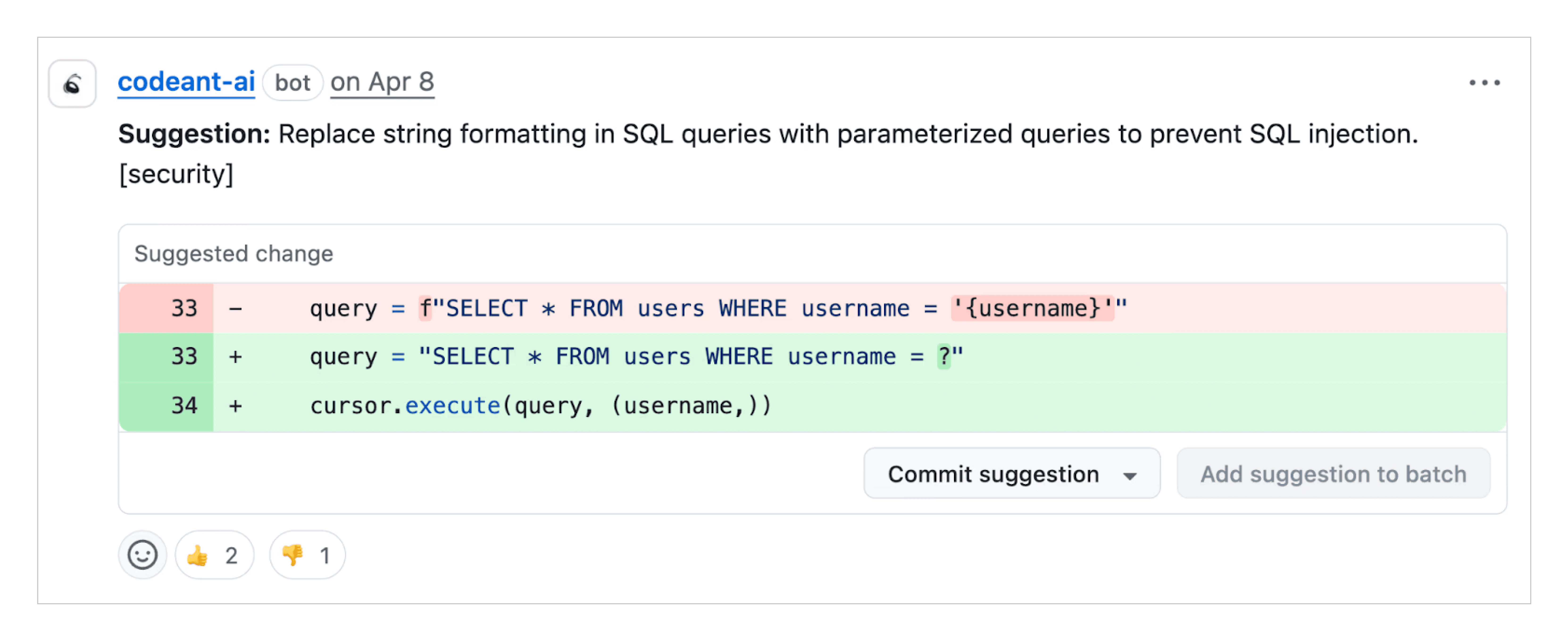 Inside CodeAnt AI's code review tool you can find and fix critical security issues like SQL injections in one click