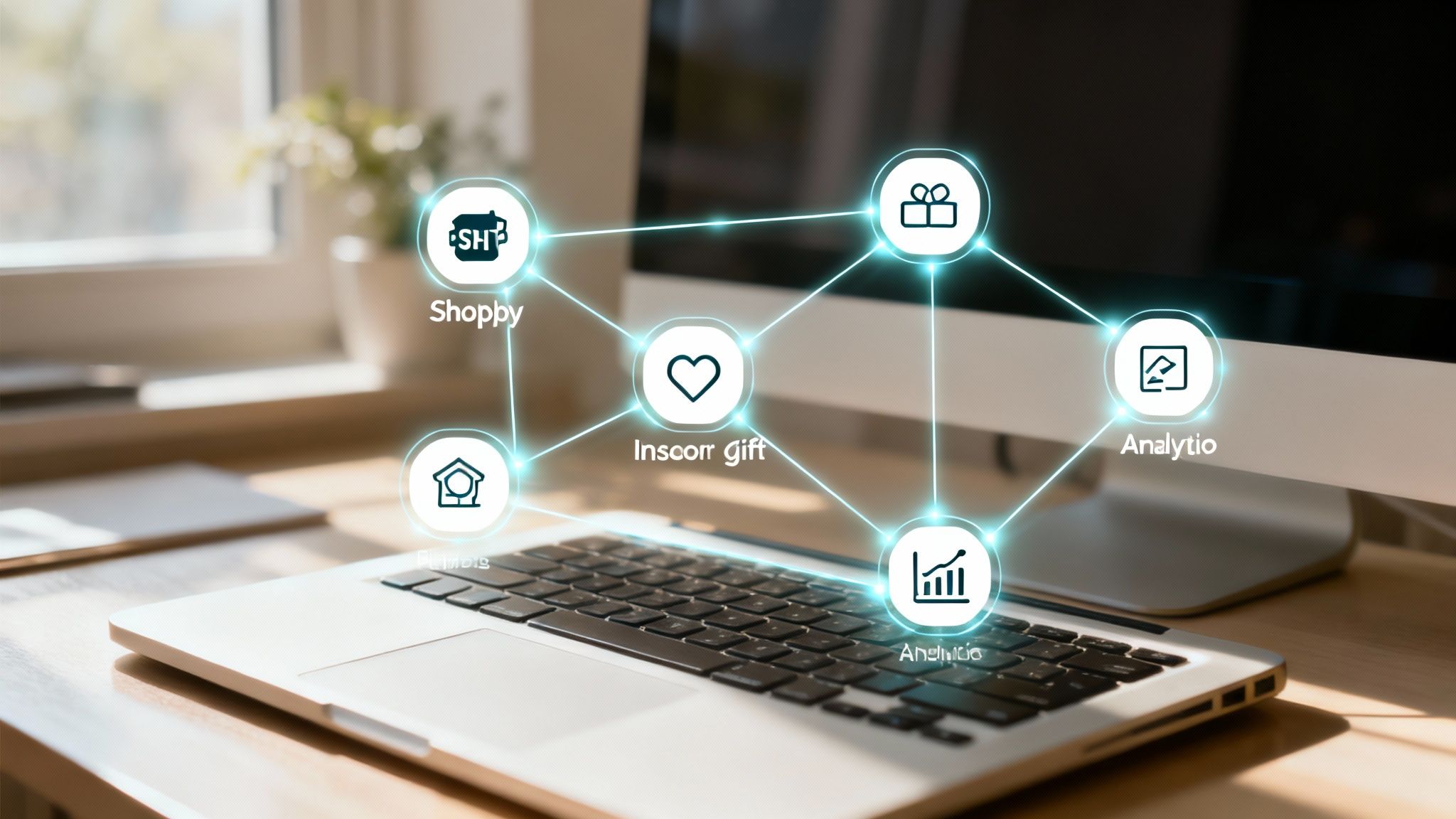 A network of interconnected digital icons, representing a seamless marketing ecosystem.