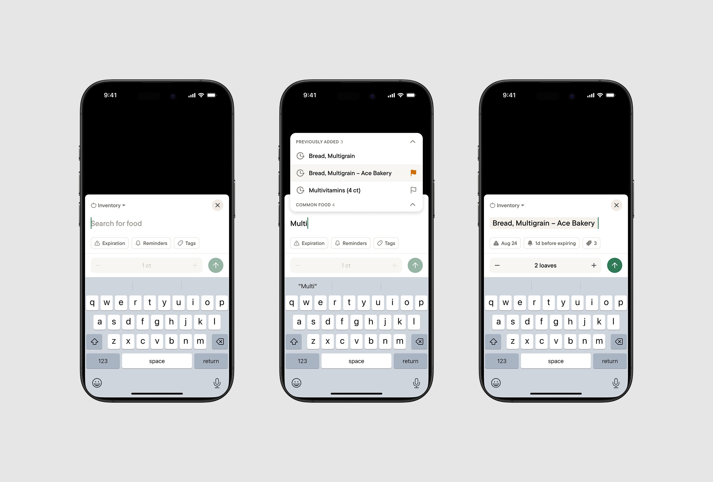 Add Items to Inventory screens (Default, Typing, and Added states).