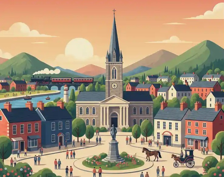 A hero section for Tralee Web Design featuring a stylized illustration of Tralee town square, showcasing the iconic St. John's Church spire and local street life under a warm sunset sky.