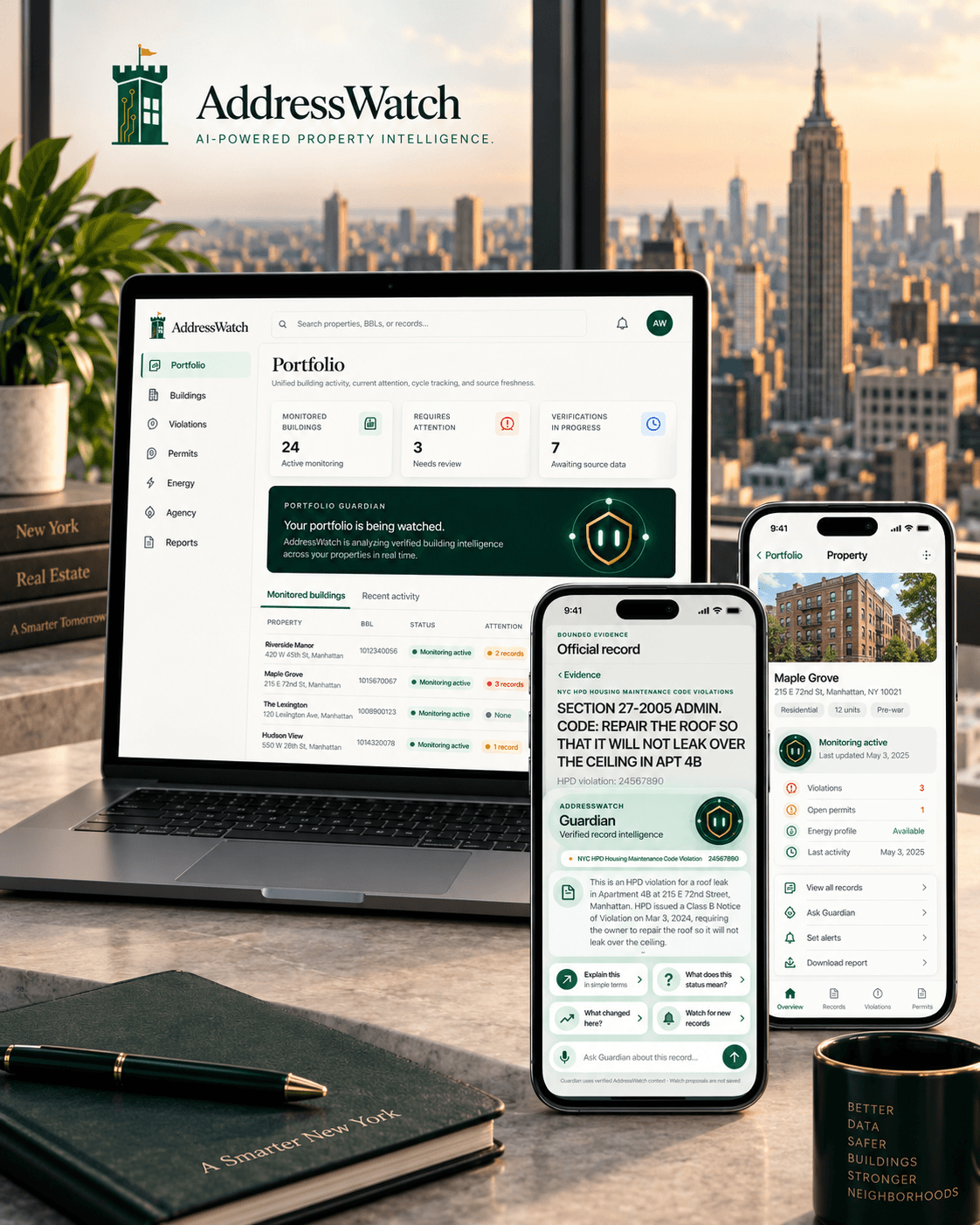 AddressWatch portfolio dashboard and iPhone property intelligence experience overlooking New York City