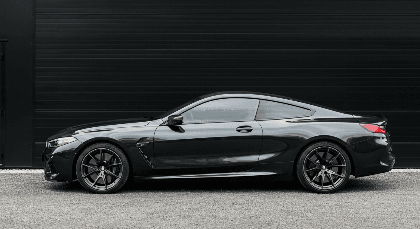 An Audi A3 parked infront of an industrial black building.
