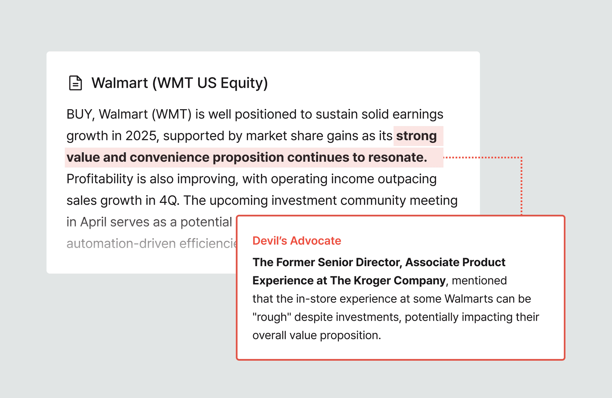AI reasoning engine providing counterpoints to investment theses