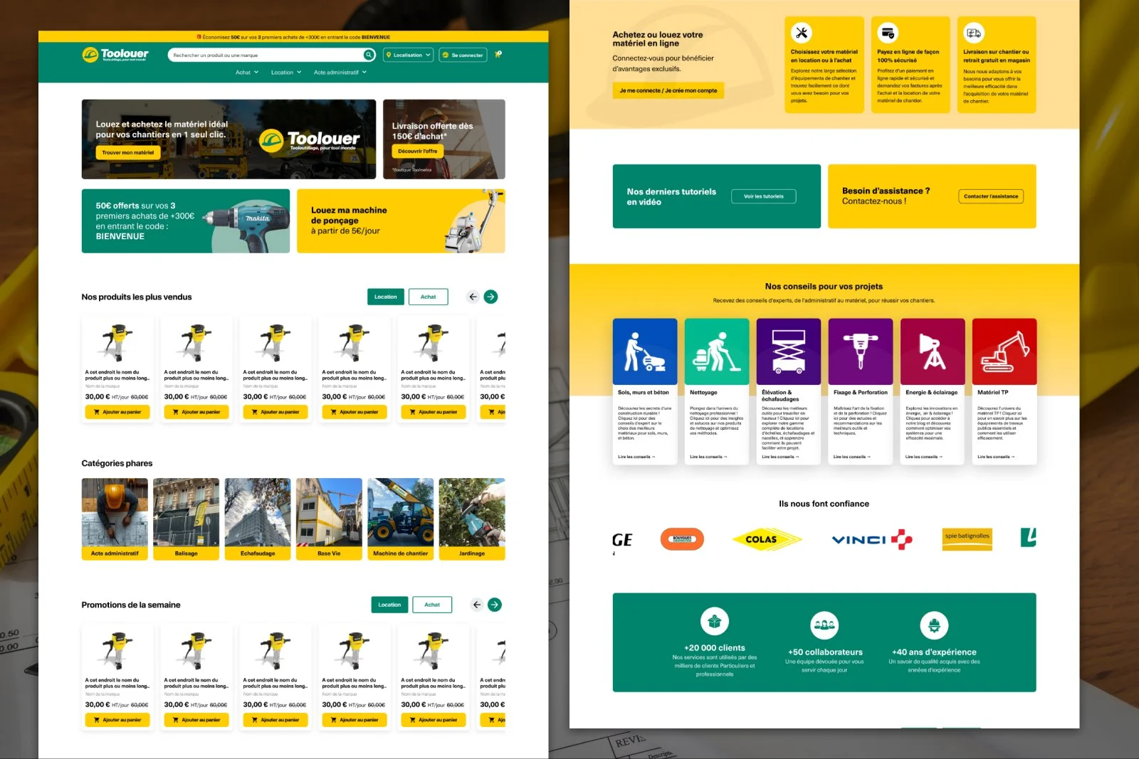 Refonte de la homepage Toolouer avec catalogue produits, catégories phares, promotions et section conseils chantier