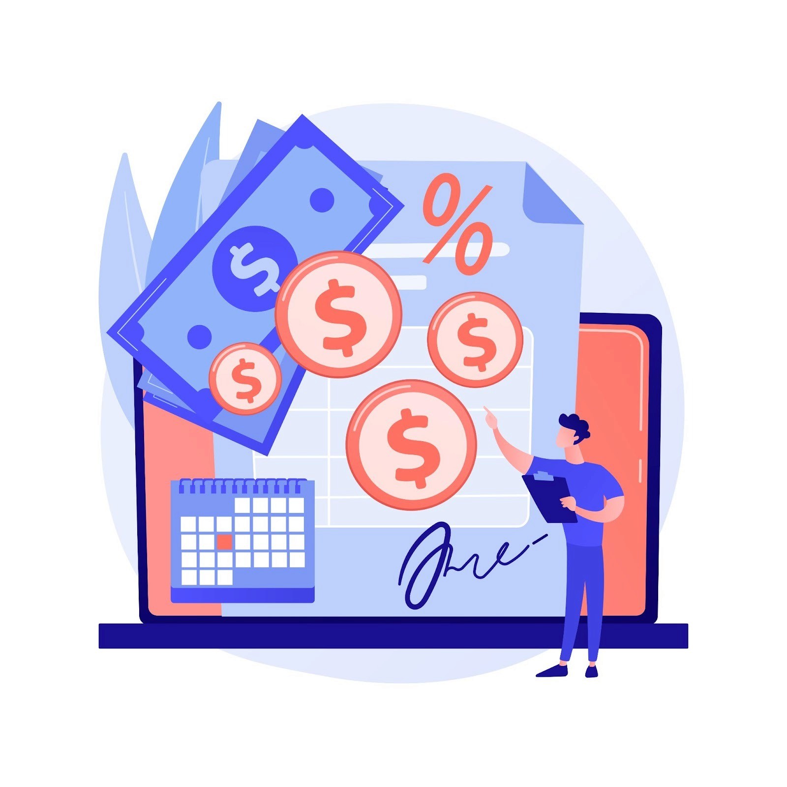An illustration of a man showing payslips referring to payroll mistakes and process. 