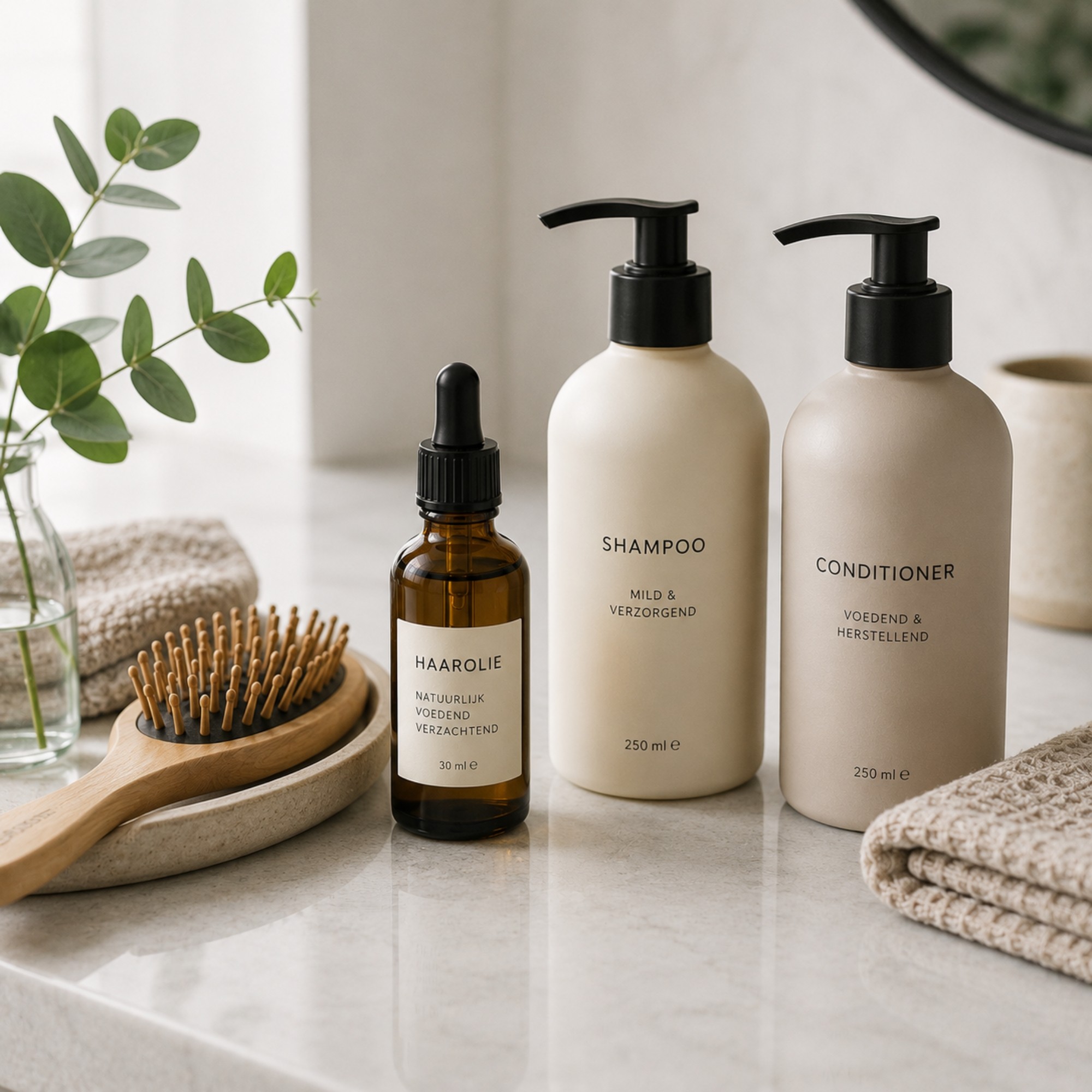 Haarolie, shampoo en conditioner op een badkamermeubel als illustratie van een dagelijkse haarverzorgingsroutine.
