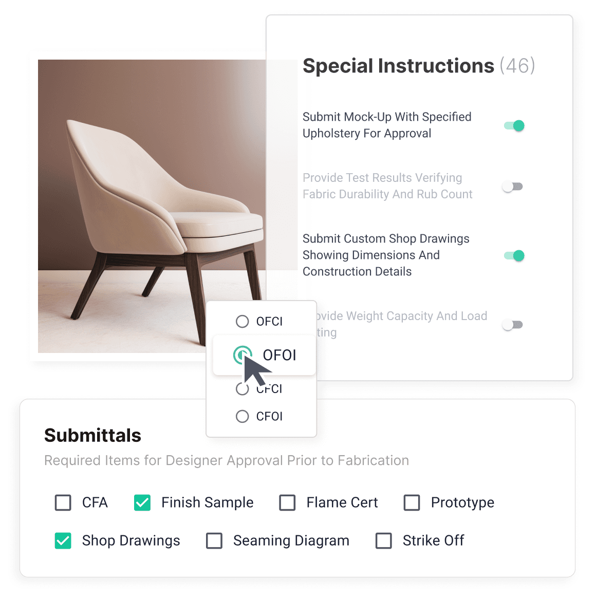 A graphic illustration that displays several custom ff&e instructions and switches to turn them on or off for use in ff&e specification packages.