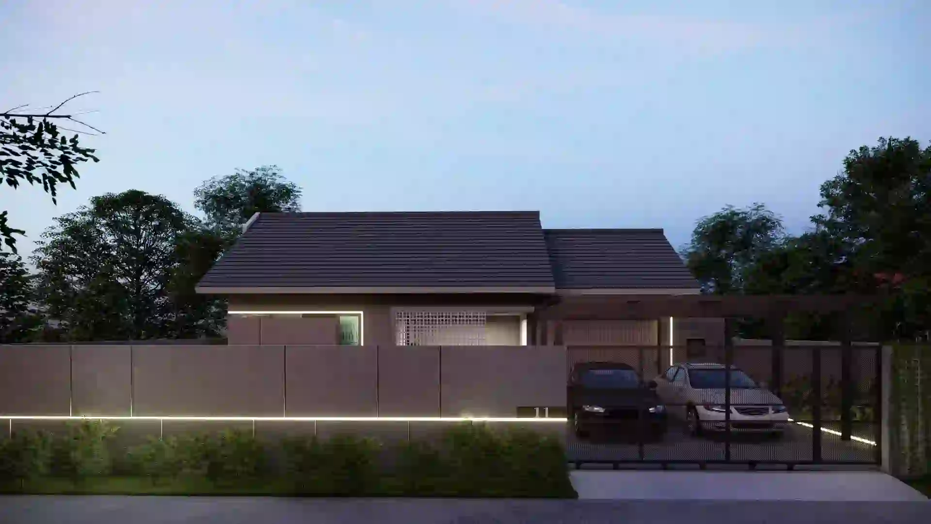 Mono House - Tampak Depan Bangunan di Sore Hari