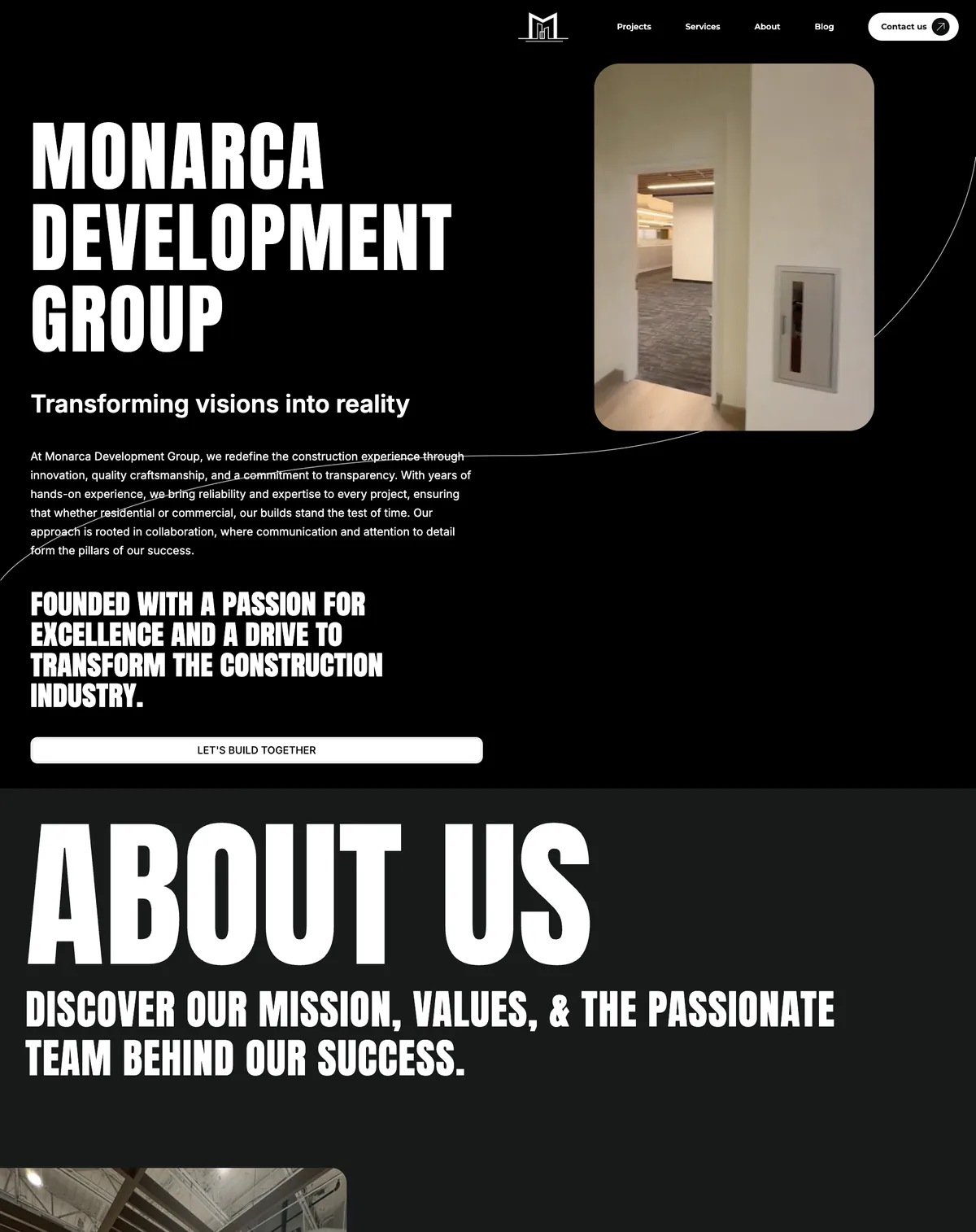 Monarca Development Group construction company website, full-page design