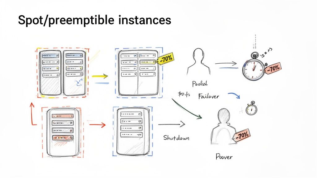 Diagram illustrating cloud spot/preemptible instances, showing cost savings of 70% and failover scenarios.