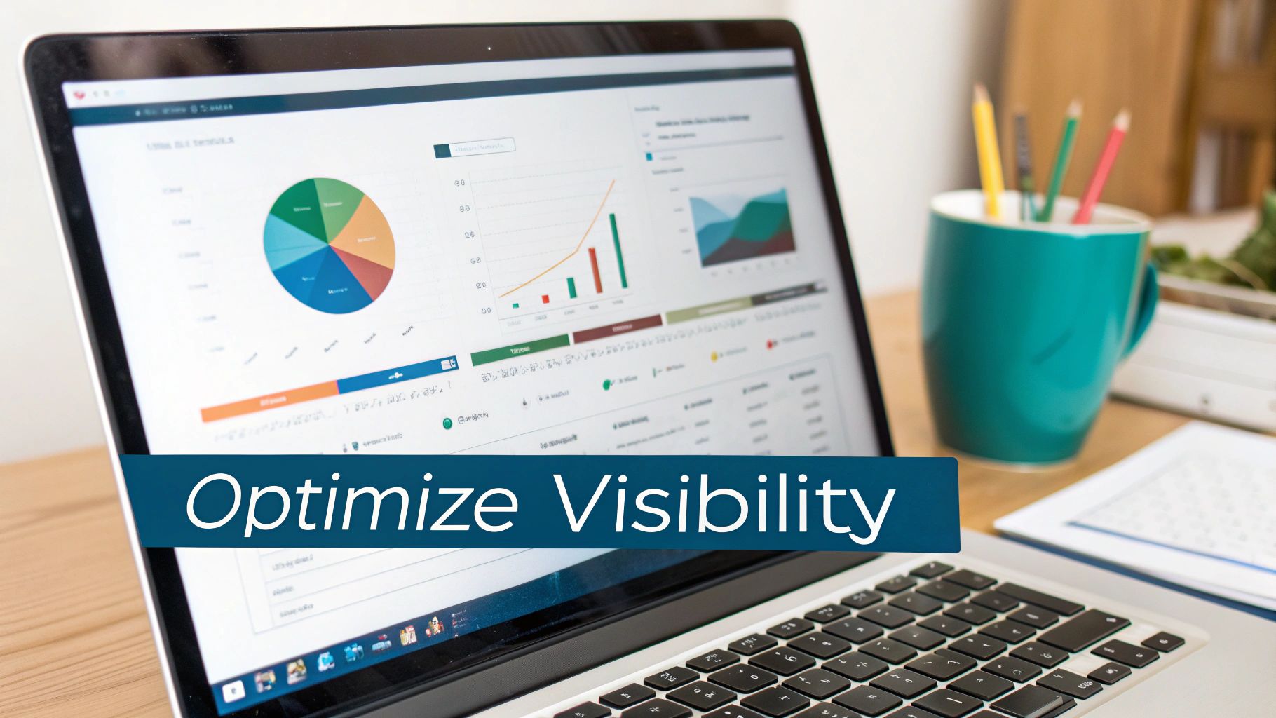 Laptop displaying colorful data analytics dashboard with charts and graphs for business visibility optimization