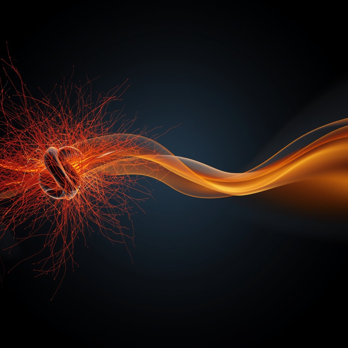 Abstract visualization of chaotic burnout stress transforming into soothing golden light, representing gut-brain axis healing.