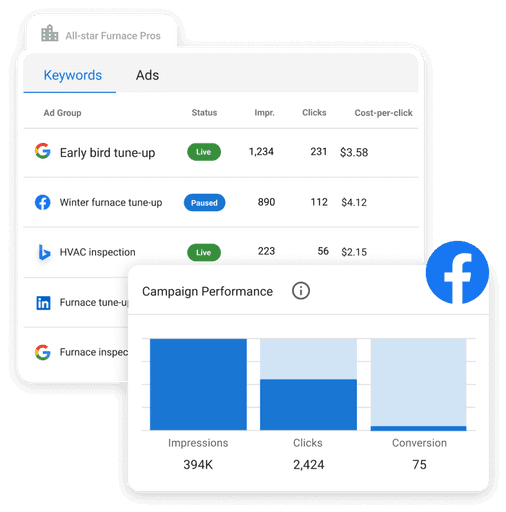 Strategic icons representing search, social, and video ad management for specialised lead generation.