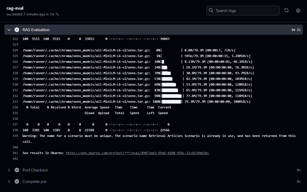 Screenshot of a RAG evaluation running in a CI workflow (GitHub Actions), showing a successful run.