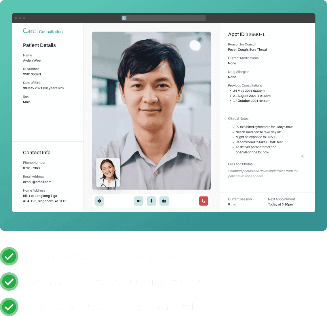A clean and streamlined teleconsultation interface where the patient's video is centered, surrounded by neatly organized patient information on the left and clinical notes on the right. The interface has fewer navigation tabs, providing a clearer view and easier access to necessary features.