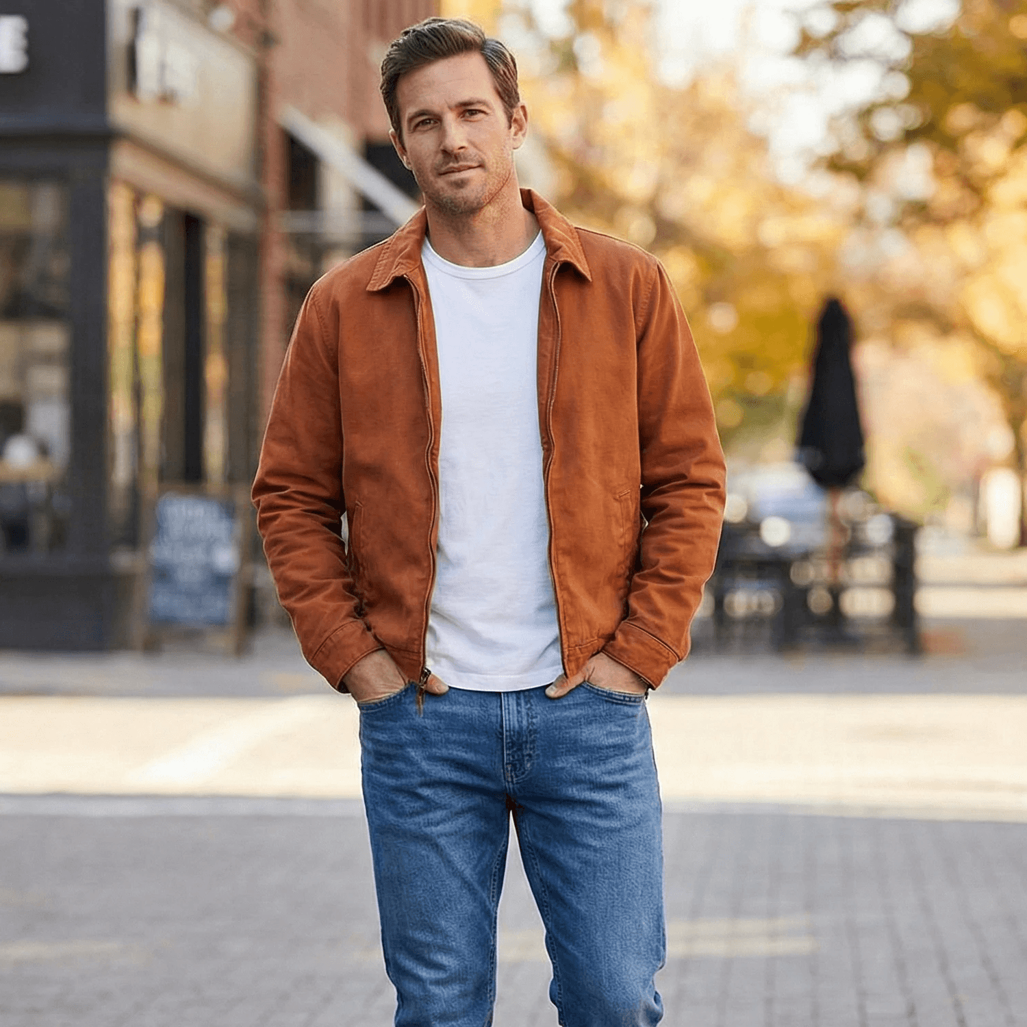 a man wearing a rust color jacket on white tshirt and blue denim for a fun weekend outfit