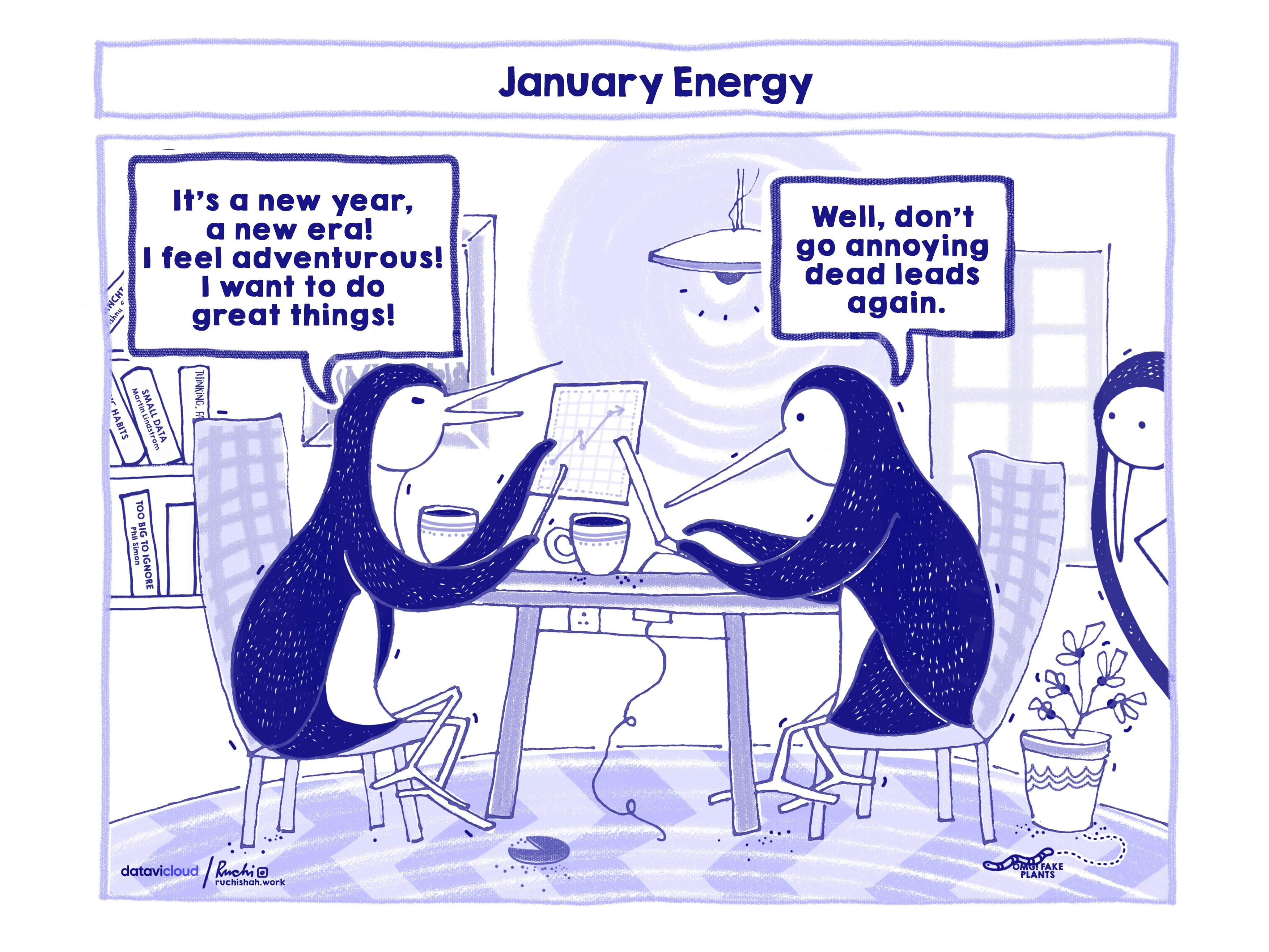 B2B sales humor cartoon titled 'January Energy' featuring two penguins at a desk; one is excited about the 'new era' and doing 'great things' while the other warns against annoying dead leads, illustrating the struggle of timing re-engagement campaigns.
