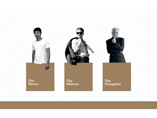 Three black and white portraits are displayed side by side against a light background with diagonal stripes. From left to right, the portraits show a man in a white t-shirt, a man in a dark jacket and sunglasses, and a man in a suit with his hand near his chin. Below each portrait, the text “The Novice,” “The Believer,” and “The Evangelist” are printed in white letters on a brown background.