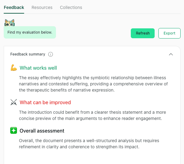 Screenshot of thesify's feedback summary showing what works well, what can be improved, and an overall assessment for a pre-submission review of an essay on suffering and illness narratives.