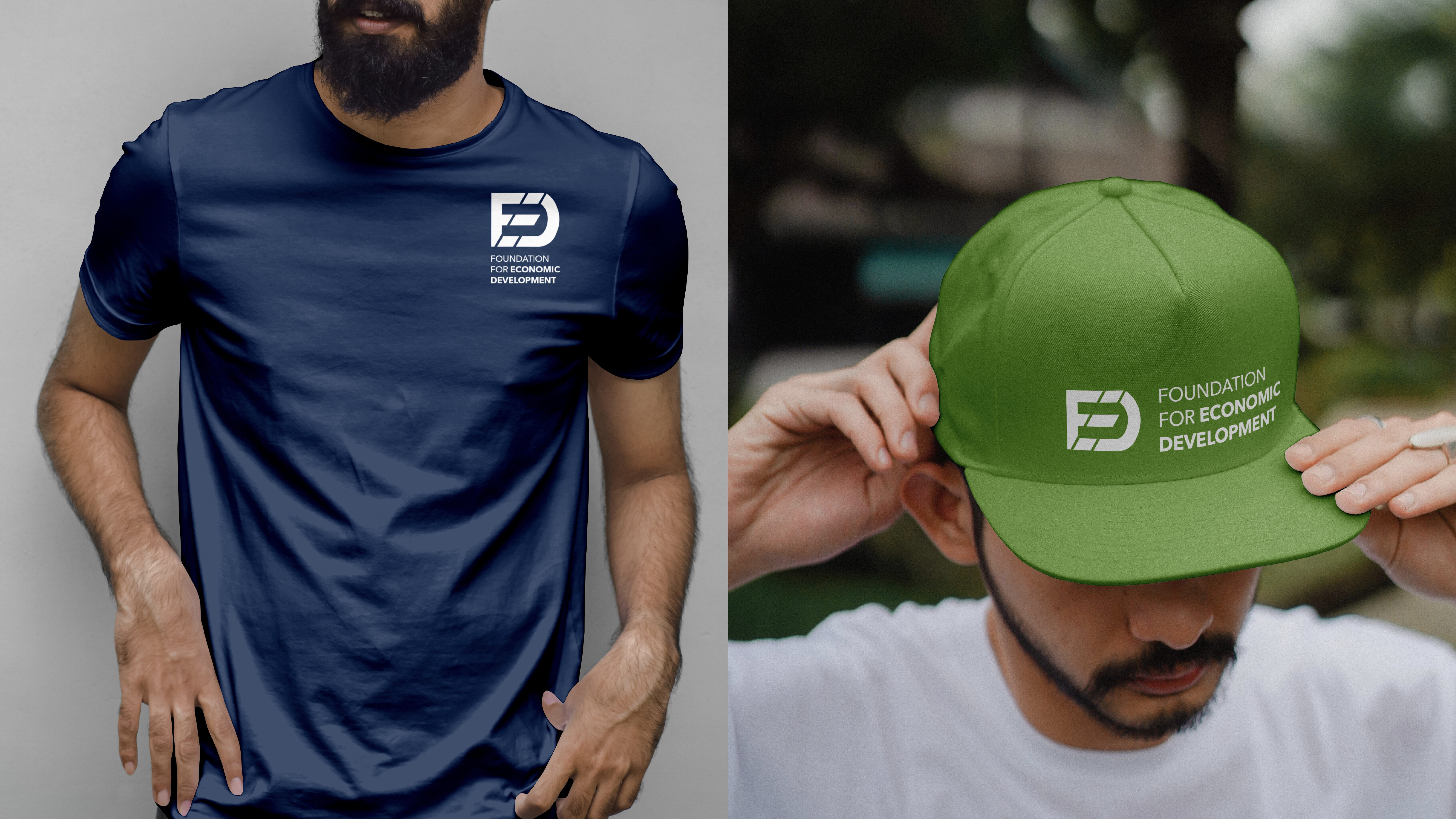 A mock up of the logo on a cap and t-shirt, on blue and green