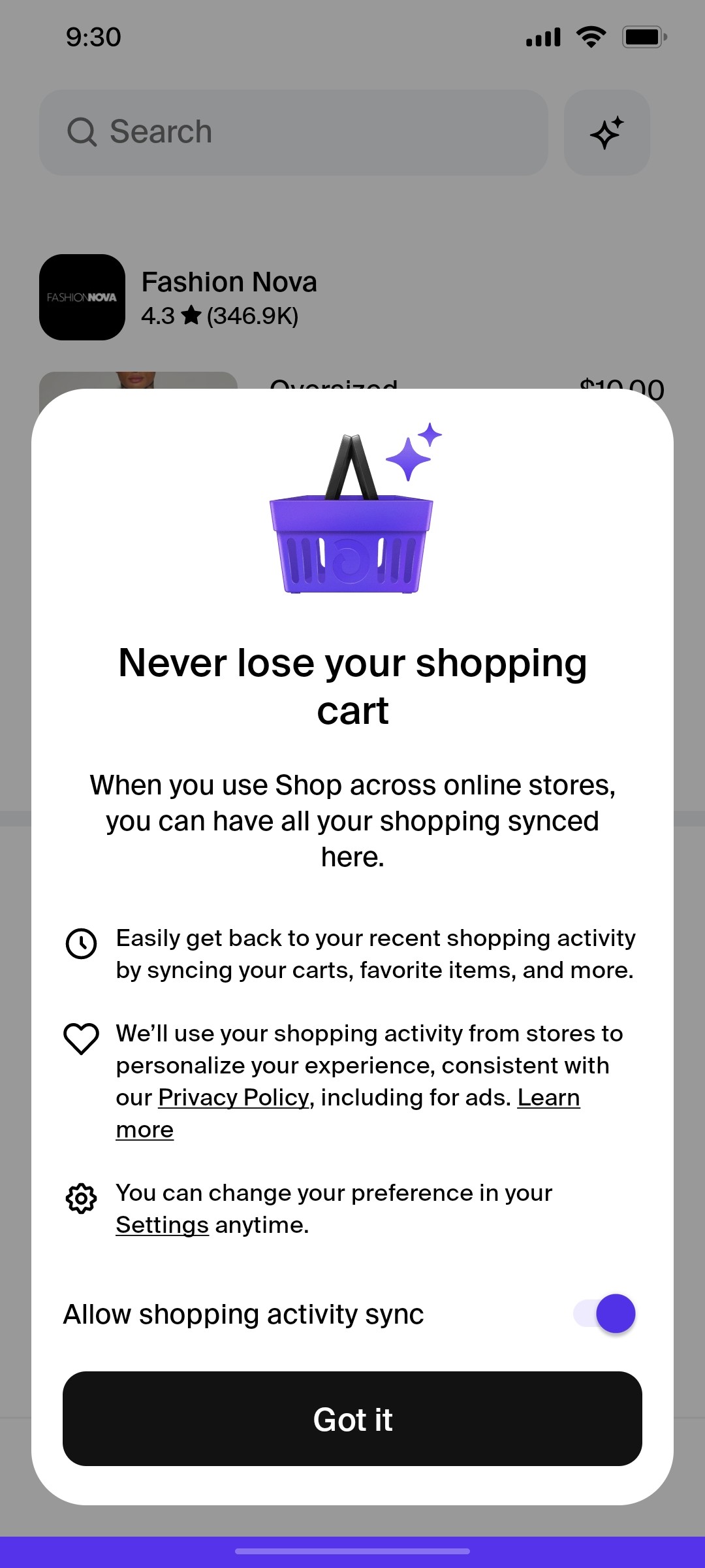 Shop App Got it Screen