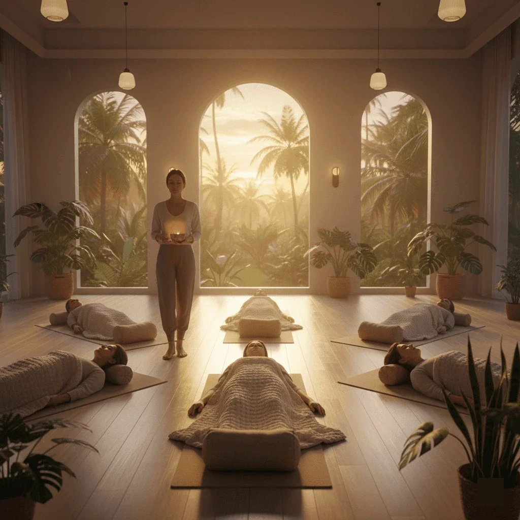 A woman in a white tank top and blue leggings practicing a seated yoga pose with hands joined above her head on a green outdoor field.