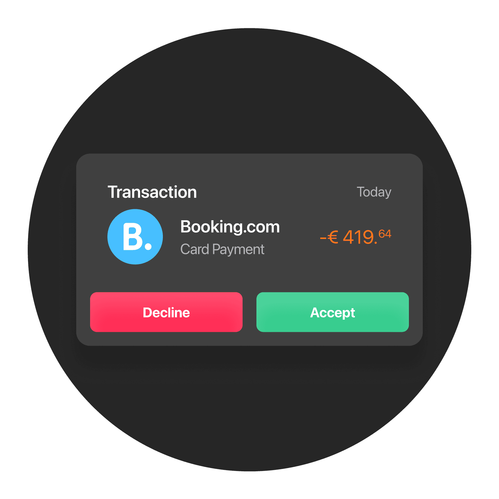 A notification window showing a transaction with options to accept or reject, featuring a blue icon and red/green buttons.