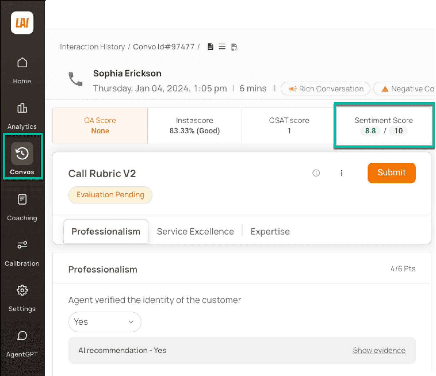 Convos: InstaScore and Sentiment Score