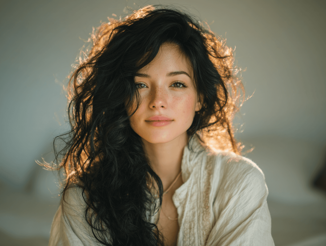 Close-up portrait of a woman with long, curly dark hair and freckles. She's wearing a light beige shirt and looking directly at the camera.