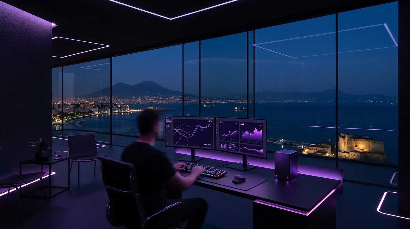 a man working at a neon-lit desk in front of a large window overlooking the water