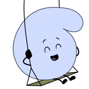 Light blue round cartoon character smiling on a swing