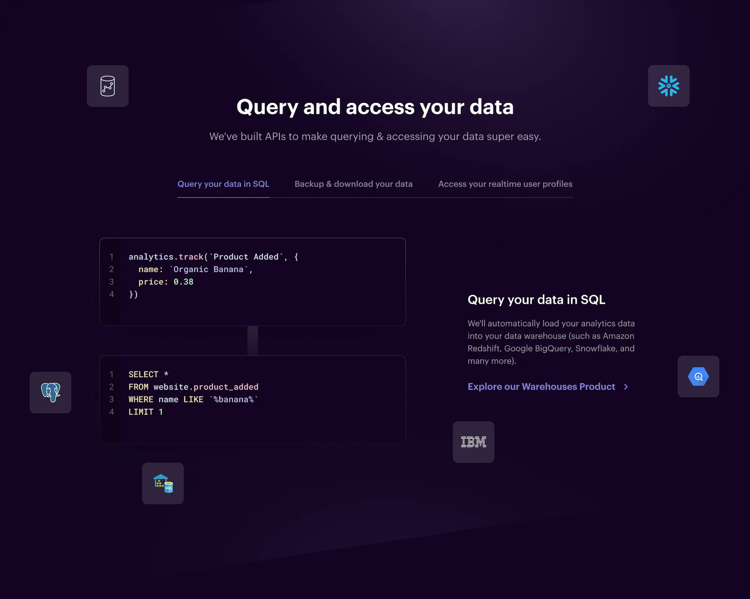 Data querying interface with SQL code snippets and access options. Featuring IBM logo and a dark theme.
