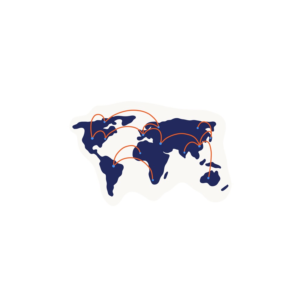 Een minimalistische wereldkaart in donkerblauw. Verschillende continenten zijn met elkaar verbonden door gebogen oranje lijnen, die wereldwijde communicatie of digitale verbindingen tussen datacentra voorstellen.