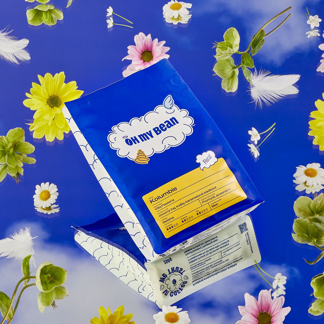 Oh My Bean Colombia Geisha coffee packaging with floral flavour profile, designed by SLOWRAT