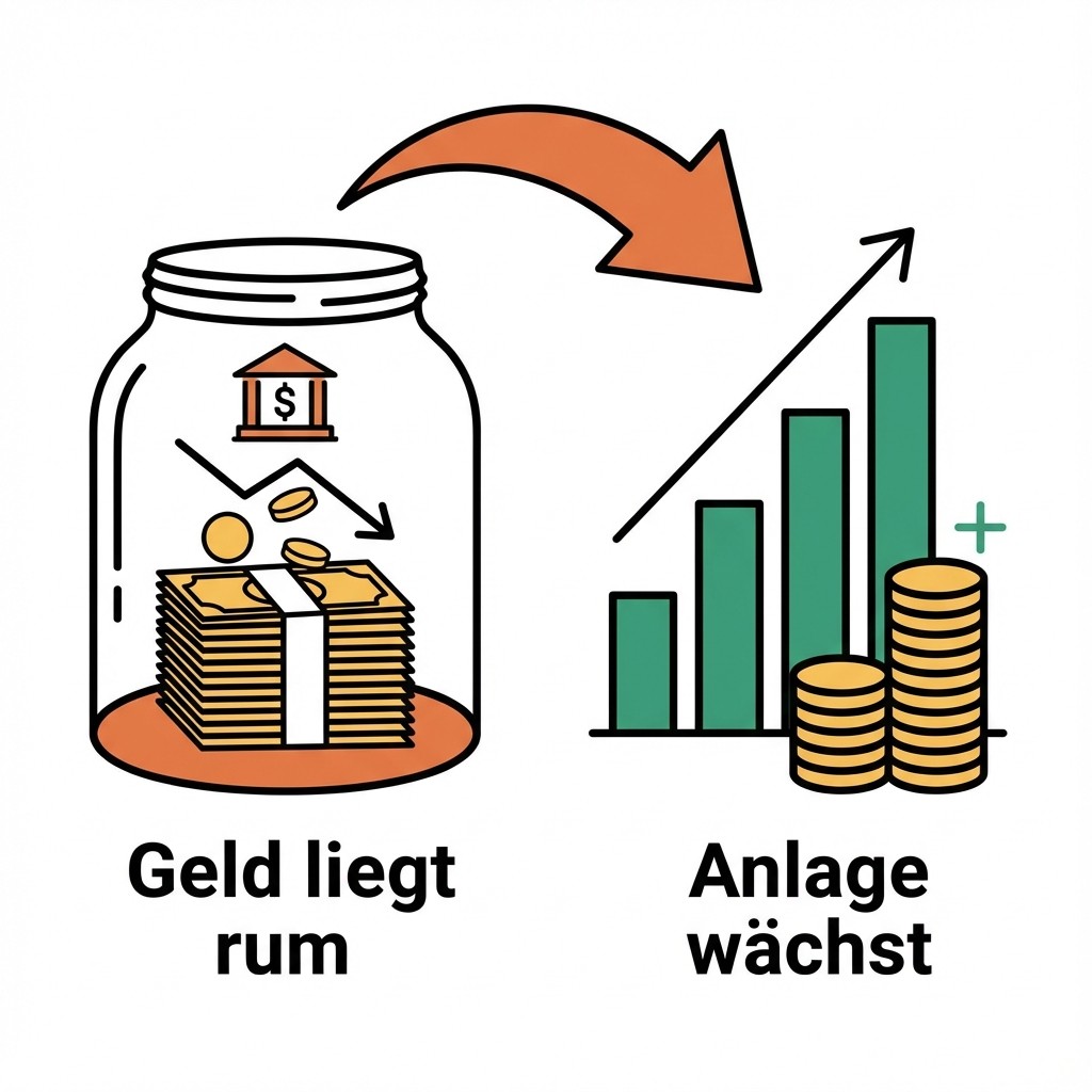 Finanz-Grafik mit Aktienkurve, Geldstapel, Gebäude und Tacho im grünen Bereich.