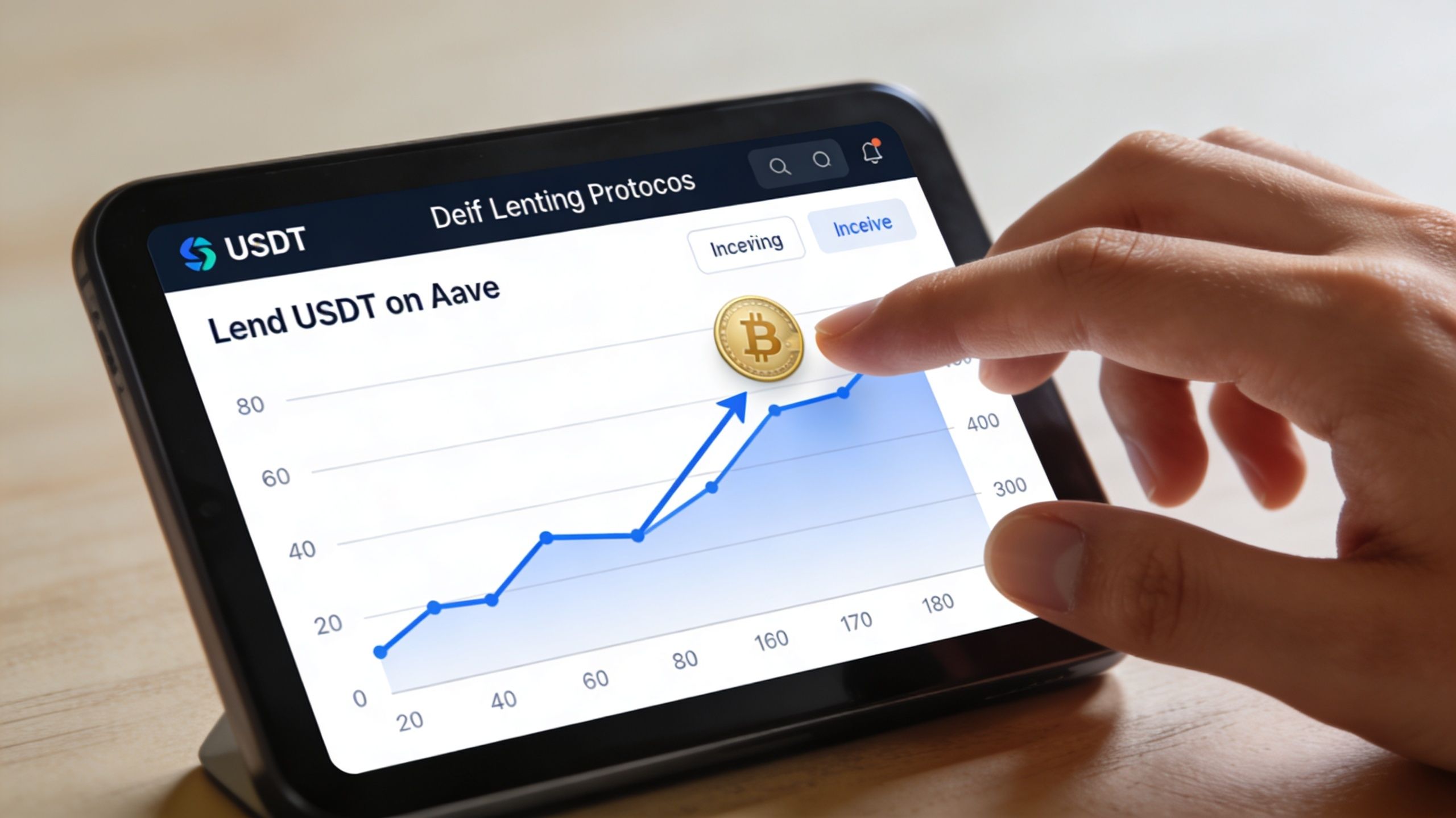 A hand interacting with a tablet screen showing a cryptocurrency growth chart and lending protocols.