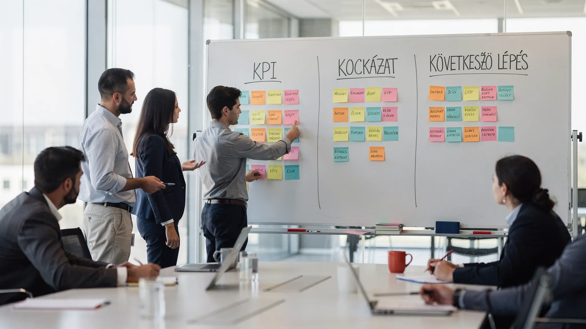 Egy tárgyalóban álló csapat egy fehér táblán AI pilot KPI-kat és kockázatokat rendez: a táblán három oszlop „KPI”, „Kockázat”, „Következő lépés”, mellettük egyszerű post-it csoportosítás.