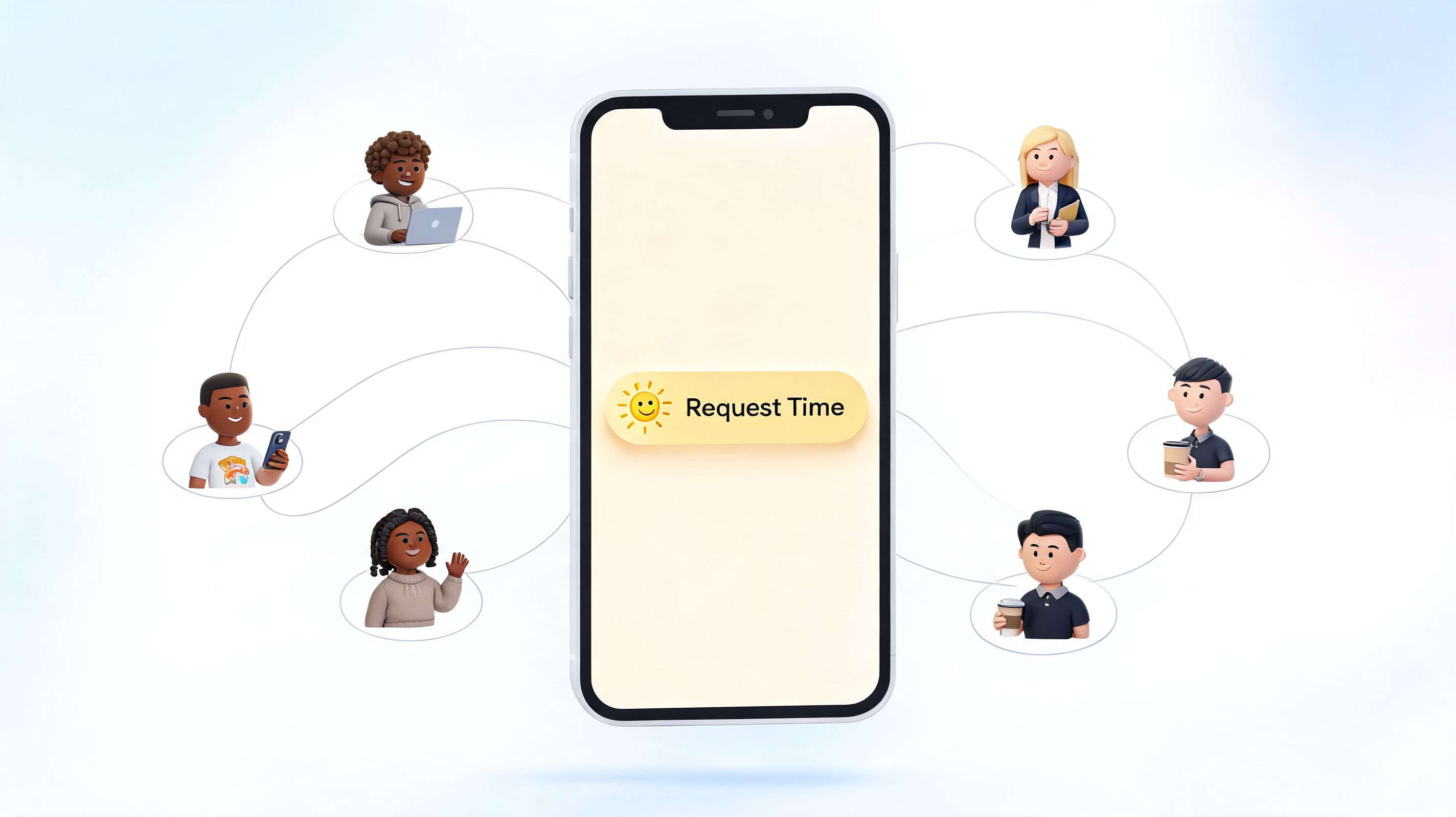 A 3D illustration of a smartphone app interface surrounded by diverse colleagues requesting time off work.
