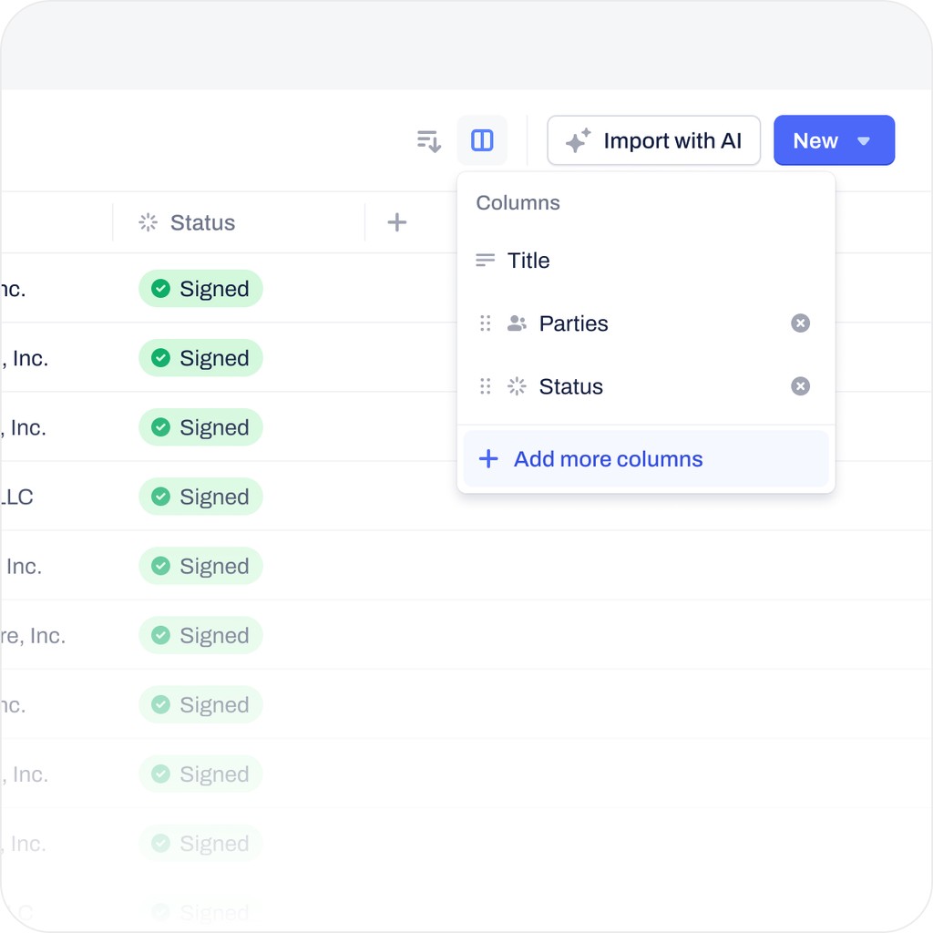Column settings menu with options for Title, Parties, and Status.