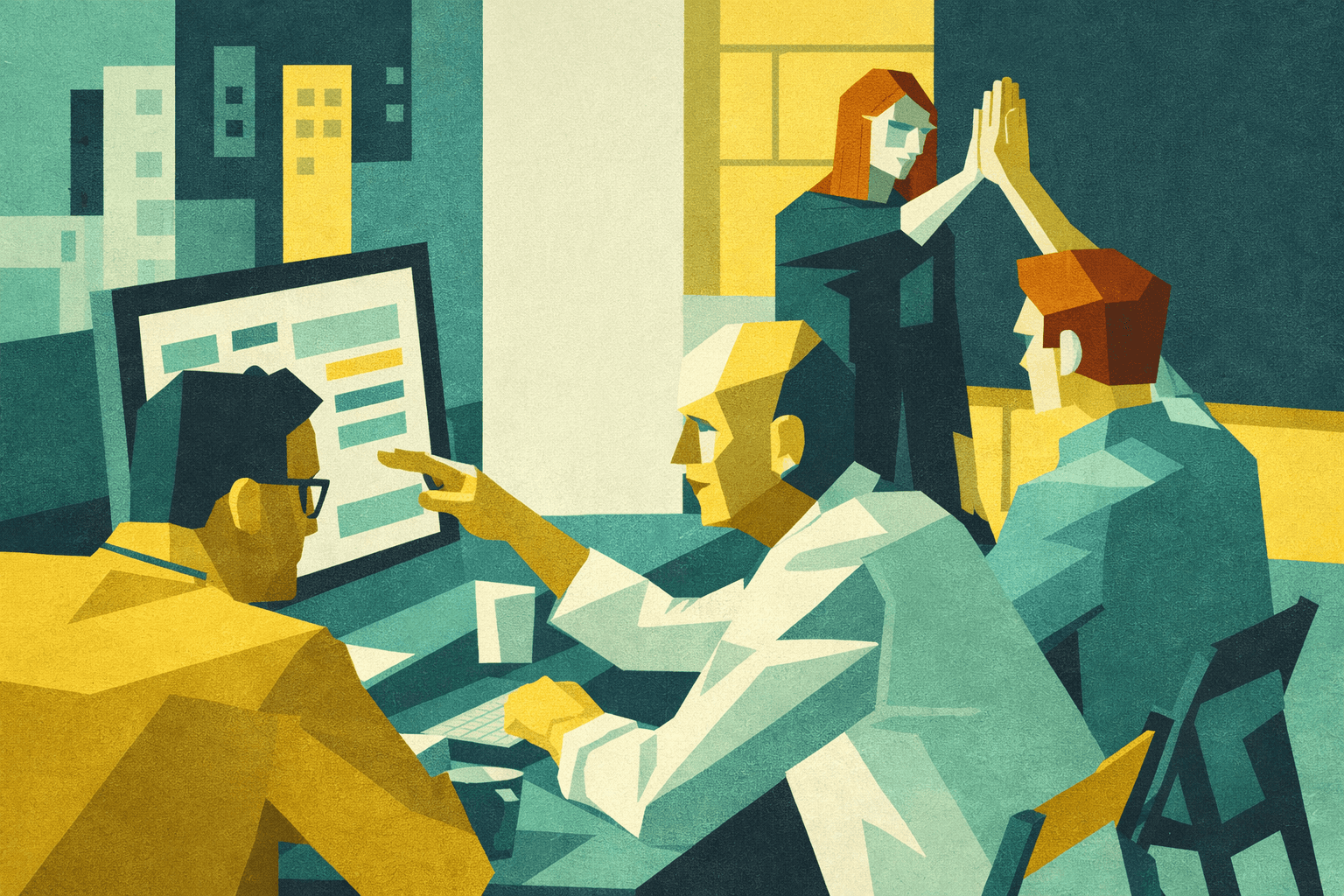 Professionisti over 30 in riunione operativa che affrontano un momento di stallo e ridefinizione del proprio ruolo lavorativo