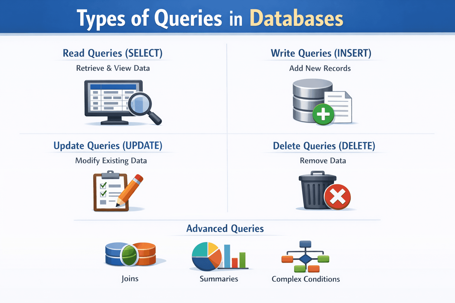 Diagram explaining common database queries used in analytics and reporting, including SELECT, INSERT, UPDATE, DELETE, and advanced query operations.
