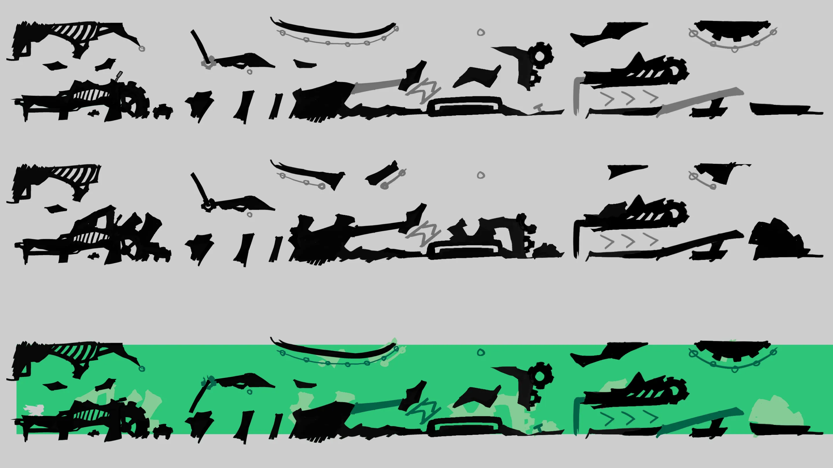 Early concept studies for SuperTracers featuring a then-green future timeline, exploring various obstacle configurations and fundamental level geometry design.