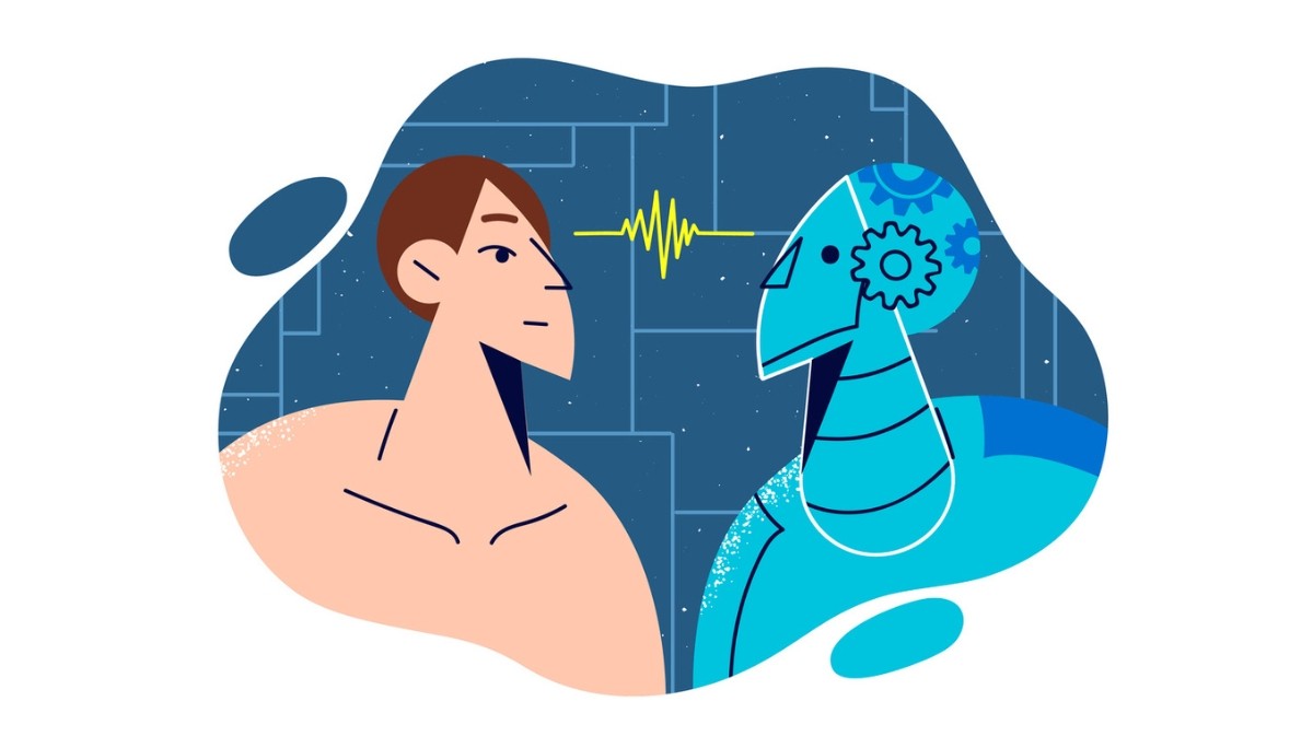 Illustration of a human and a robot facing each other with a waveform between them.