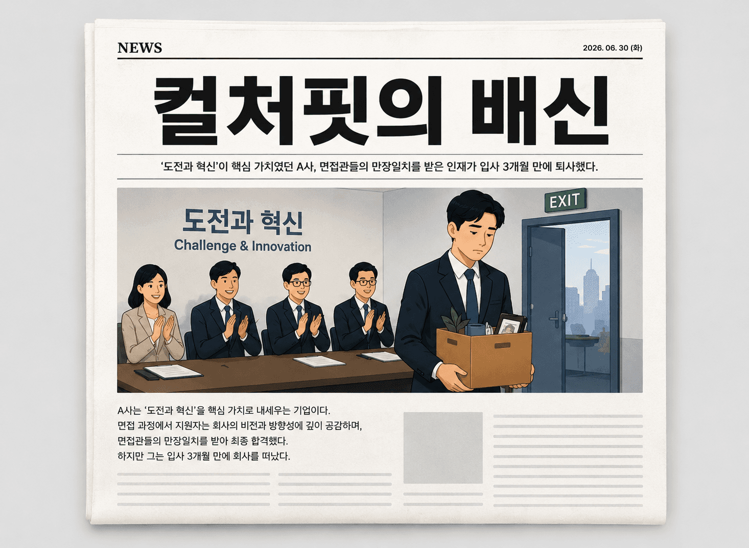 컬처핏의 배신을 다룬 뉴스 기사. 팀핏의 중요성.