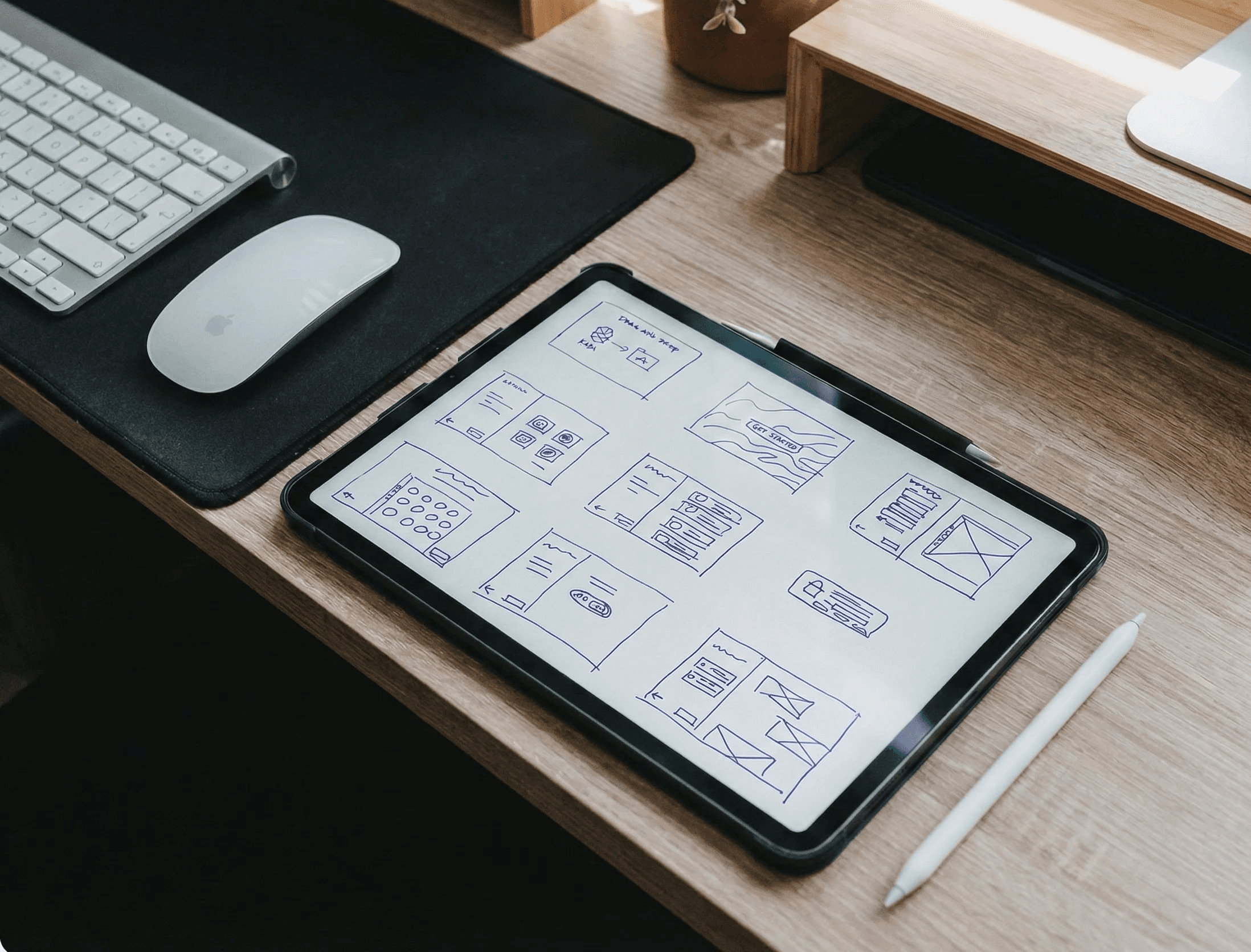 Sticky notes with words and drawings on wooden table.
