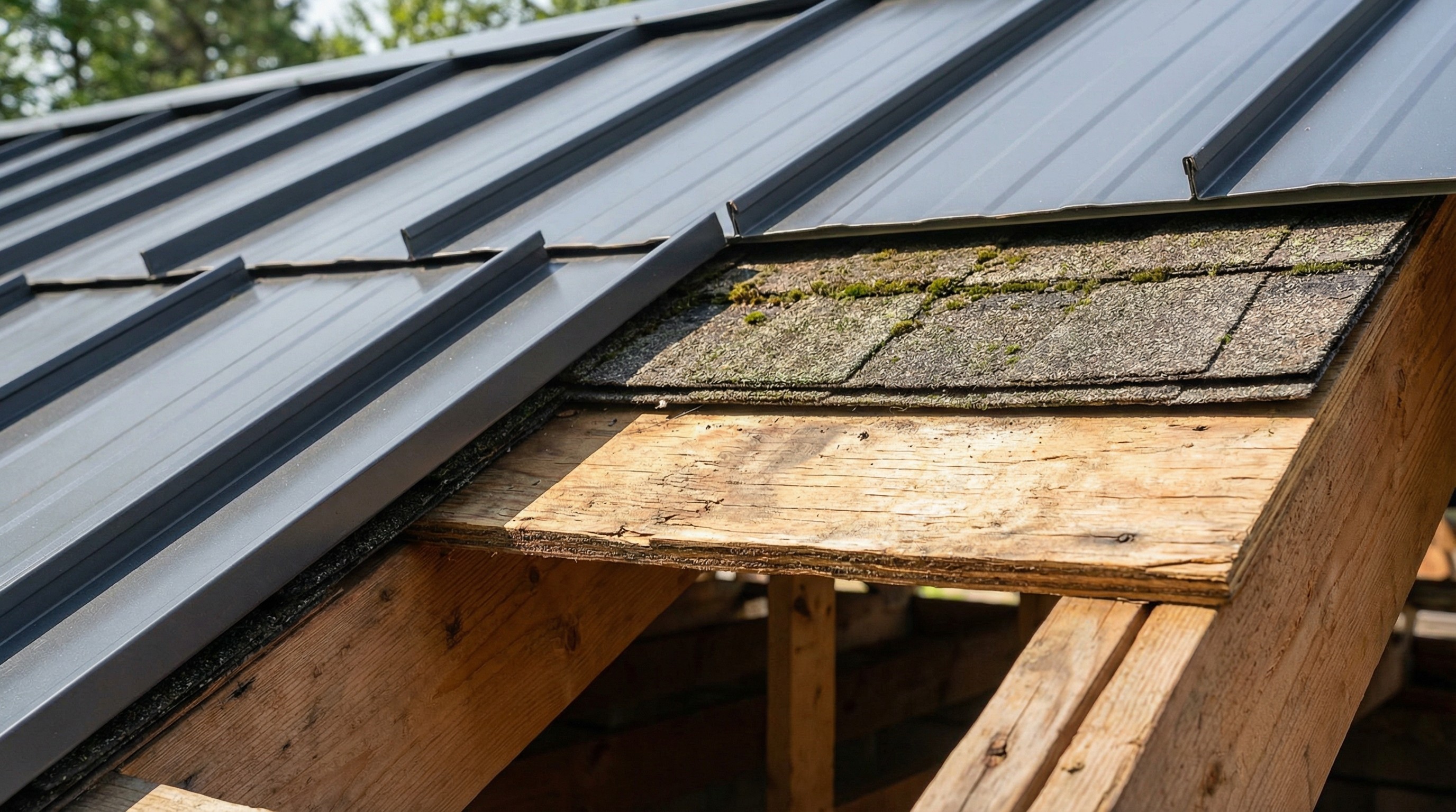 Close-up of a damaged roof with wooden supports, and a metal and shingle roof