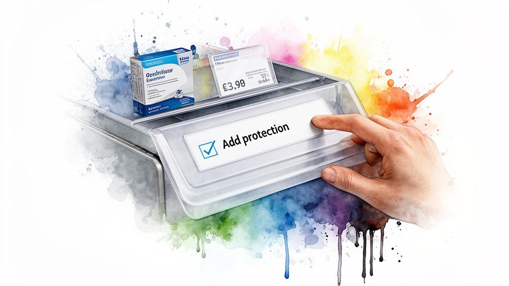 Hand selecting 'Add protection' option on a retail display with a product and price, against a watercolor background.